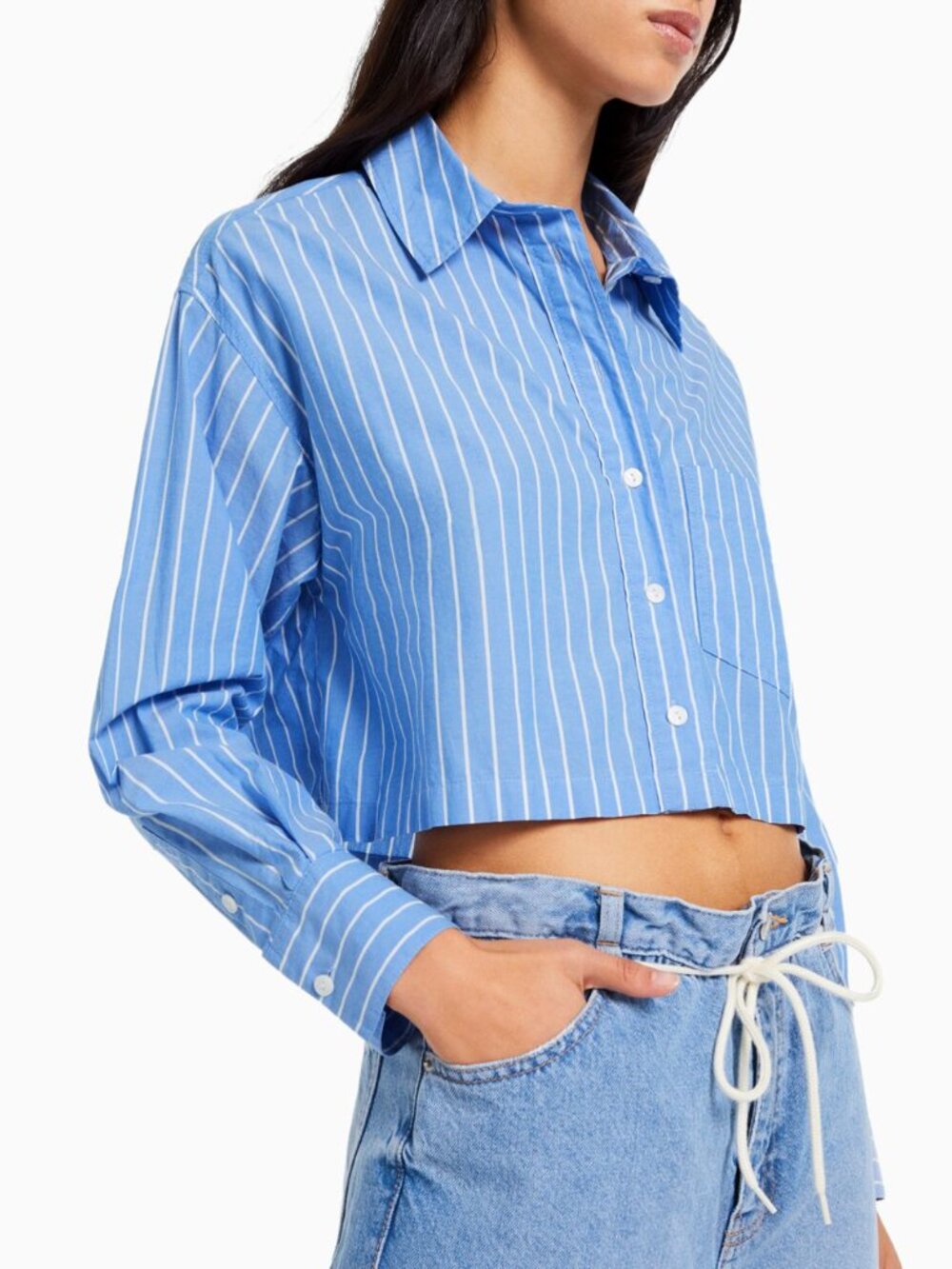 AQUA Cropped Button-Up L-Sleeve Collared Shirt Sky Blue/White Pinstripe Women M